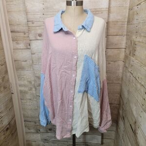 Colorblock Button-Up Shirt - Pink, Cream & Light Blue
